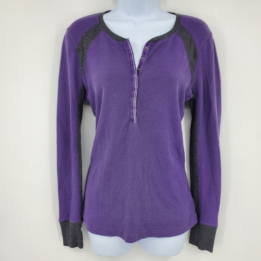 Eddie Bauer Purple Waffle Knit Henley Long Sleeve M Y2K Tight Fit Shirt Grunge